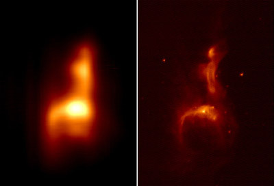 La nébuleuse IC4954 vue par AKARIA gauche: image fournie par le FIS (Far-Infrared Surveyor) A droite image fournie par l'IRC (near- and mid-Infrared Camera)Crédits : JAXA