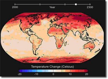 Les températures arctiques moyennes seraient supérieures de 14°C aux températures actuelles en 2100. Cette carte présente les évolutions globales à l'horizon de 2250.