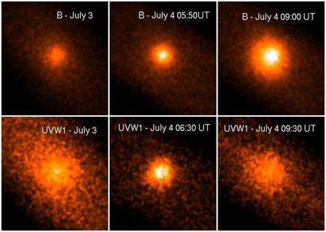 Ces images ont été acquises par le XMM-Newton de l'ESA avant et après l'impact. Les images du haut ont été acquises avec filtre bleu, celles du bas sont du domaine ultraviolet. Les images ultraviolettes mettent en évidence la présence d'ions OH (hydroxyle