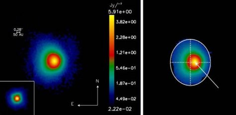 A gauche: Image en fausses couleurs (variant du bleu au jaune en fonction de l'intensité) de l'émission infrarouge à la longueur d'onde de 8.6 micromètres de la matière entourant l'étoile HD 97048 (de type Herbig Ae). Le cliché a été obtenu par la spectro