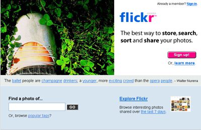 Page d'accueil du site FlickR, service de partage de photos en ligne.