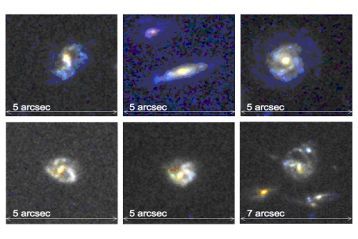 Montage de cinq images de galaxies observées par Denis Burgarella et son équipe, à plus de 6 milliards d'années lumière dans l'univers lointain. Les cinq premières galaxies sont des galaxies spirales. La dernière possède une morphologie plus perturbée pro
