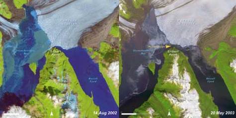 Recul du glacier Hubbard entre août 2002 et mai 2003