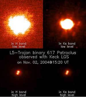 Images du couple 617 Patroclus et S/2001(617)1 Ménœtius prise au télescope de l'Observatoire Keck à Hawaï équipé du système LGS. Le plus gros des deux corps Patroclus (et le plus brillant des deux) se trouve en haut à droite sur les images