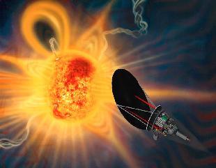 Vue d'artiste de la future sonde solaire (Solar Probe) à son périhélie de 4 rayons solaires