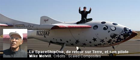 Le SpaceShipOne (gagant de l'Ansari X-prize) de retour sur Terre