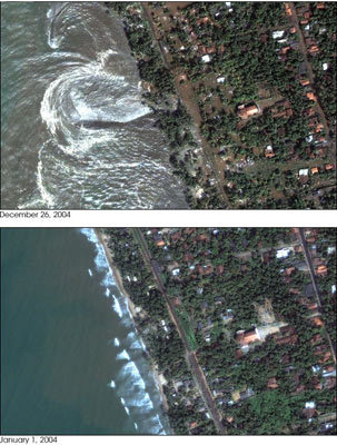 Le 26 décembre 2004, un tremblement de terre de magnitude extrême engendrait le tsunami qui provoqua ses dégâts les plus importants sur l'île de Sri Lanka. En haut : les dévastations dans la région de Kalutara (photo prise par le satellite DigitaGlobe's Q