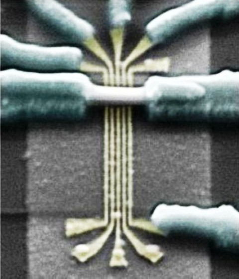 Des ordinateurs quantiques topologiques avec des fermions de Majorana ? À l'image, une micrographie électronique d'un nanofil d'antimoniure d'indium (barre horizontale, au centre) similaire à celui utilisé pour rechercher des fermions de Majorana. © Delft University of Technology 
