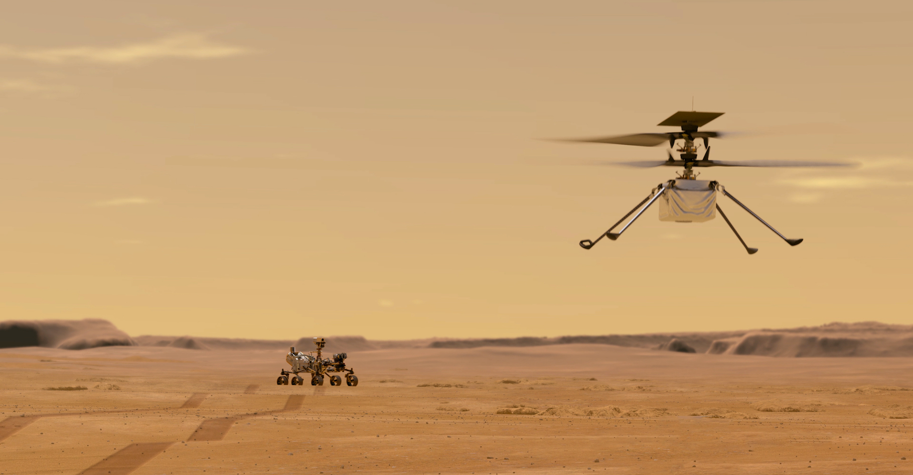 Ingenuity, l’hélicoptère martien — ici en vue d’artiste — attend sur la Planète rouge, que vienne l’heure de son premier vol. © Nasa, JPL-Caltech