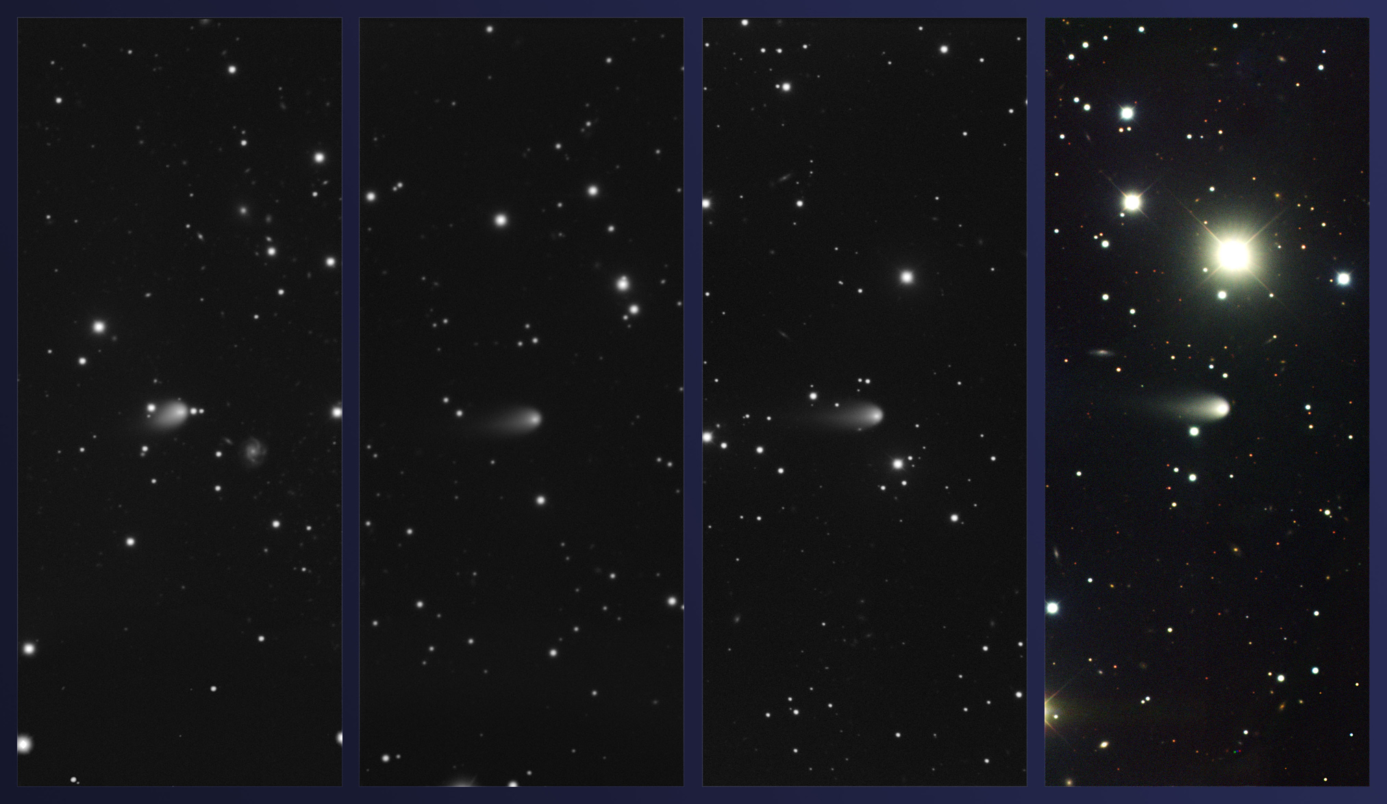Ces 4 images ont été réalisées par le spectrographe multi-objets qui équipe le télescope Gemini nord de 8,1 m de diamètre. Elles montrent la comète Ison les 4 février, 4 mars, 3 avril et 4 mai 2013. L'éclat de la comète est environ de magnitude 16, alors qu'elle se trouve au niveau de l'orbite de Jupiter. © Gemini Observatory, Aura