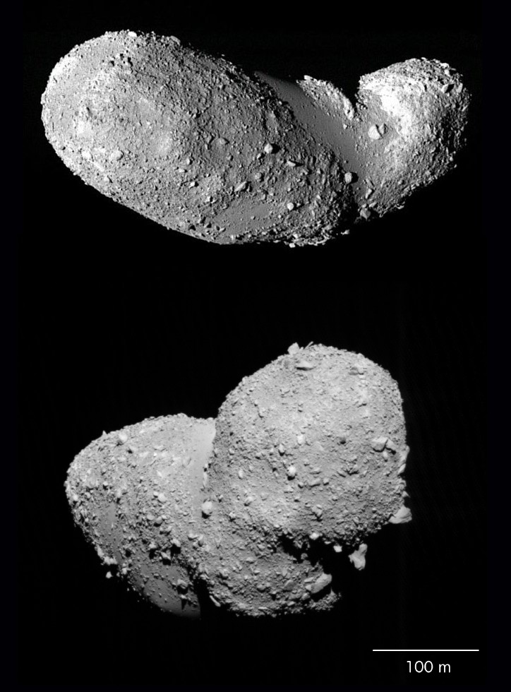 Personne ne sait avec certitude si la sonde Hayabusa a bien pu collecter quelques poussières sur l'astéroïde Itokawa qu'elle a photographié sous différents angles en 2005. Crédit Jaxa
