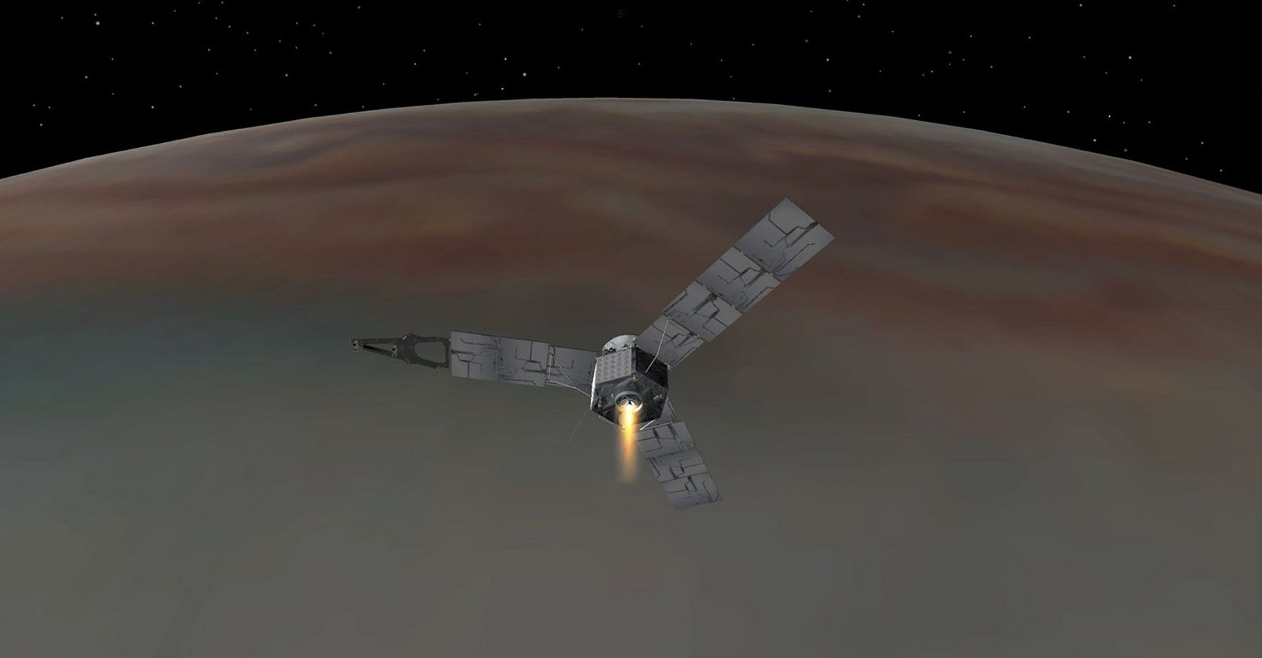 Illustration de Juno s’insérant en orbite polaire autour de Jupiter. Son moteur principal s’est allumé durant 35 minutes pour la faire ralentir et qu’elle soit capturée par le champ de gravité de la planète géante. © Nasa, JPL-Caltech