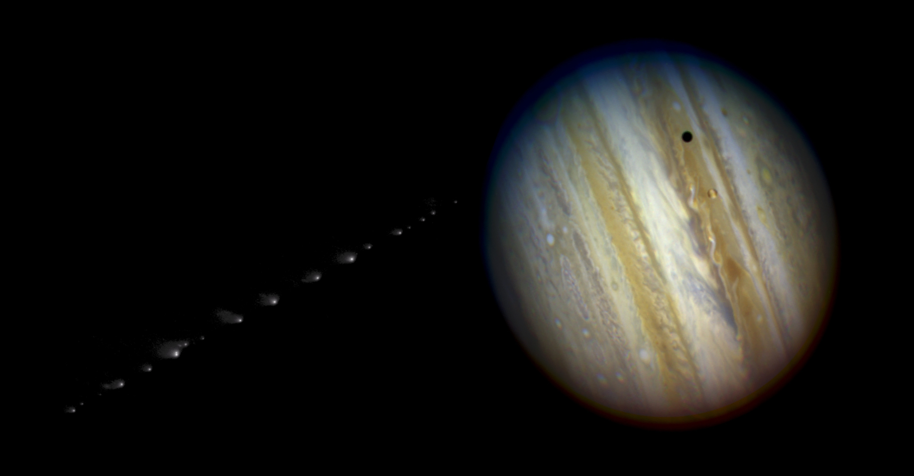 En 1994, la comète Shoemaker-Levy 9 est entrée en collision avec Jupiter. Un événement largement couvert par les médias et illustré ici par cette image composite. © Nasa, ESA, H. Weaver and E. Smith (STScI) and J. Trauger and R. Evans (Nasa's Jet Propulsion Laboratory), Domaine public