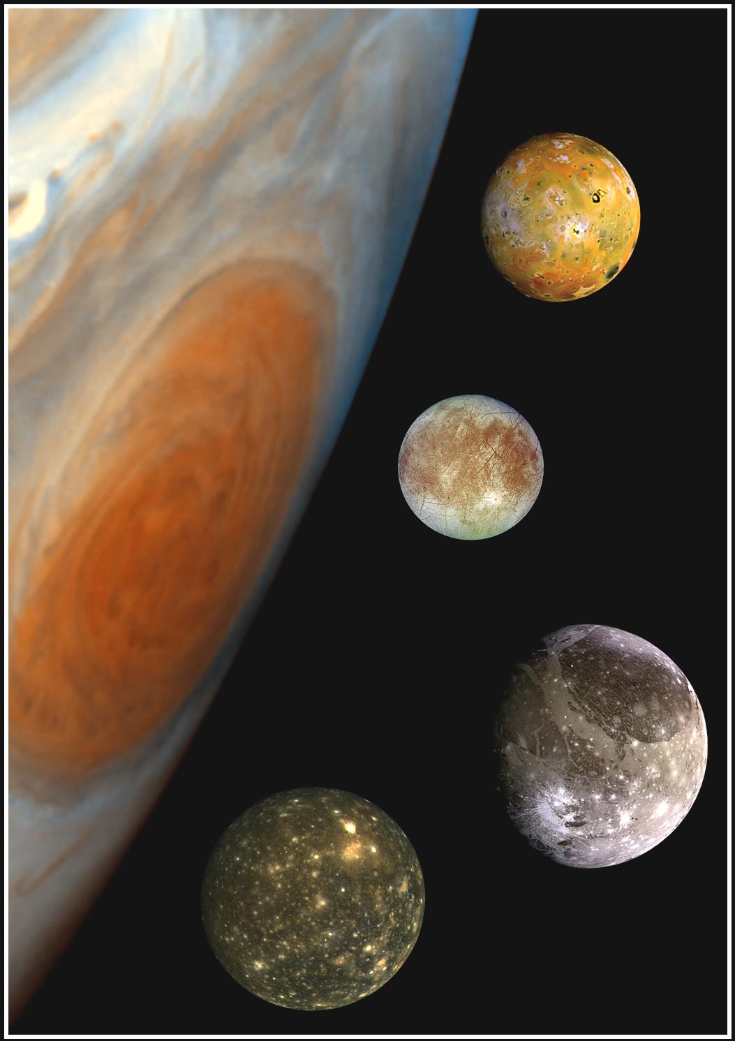 Un montage de différentes images prises par la sonde Galileo. On voit à gauche Jupiter et sa tache rouge et de haut en bas Io, Europe, Ganymède et Callisto. © N.A.S.A-JPL