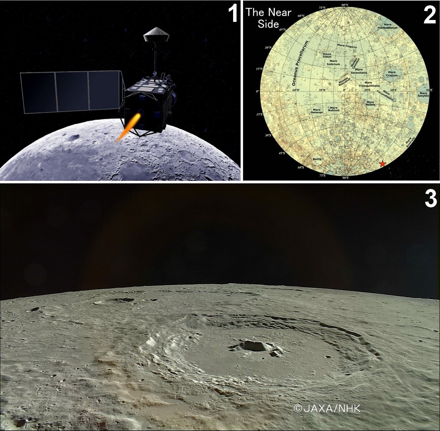 1 : La sonde Kaguya, vue d'artiste.
2 : Position de l'impact de la sonde sur la Lune.
3 : Le cratère Pythagore vu par Kaguya.
Crédits Jaxa / NHK