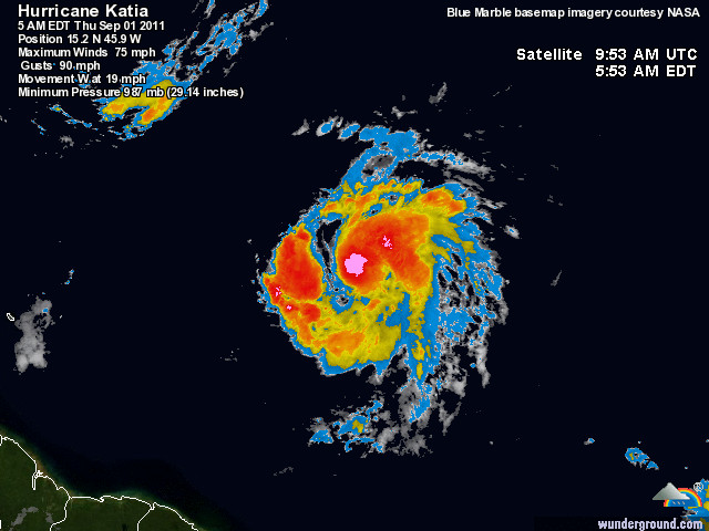 L'ouragan Katia, de catégorie 1, s'est formé dans l'Atlantique et se dirige vers les côtes des Caraïbes, mais ne semble pas menacer les populations. &copy; wunderground.com