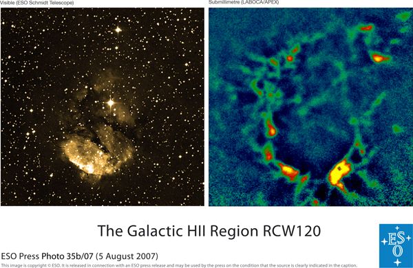 Comparaison entre une image de la région HII de RCW120 en lumière visible obtenue par le télescope Schmidt ALMA de l'ESO et dans la gamme submillimétrique par LABOCA. Crédit ESO.