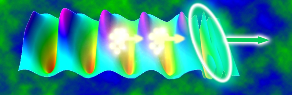 Principe de l'accélération laser-plasma. Une impulsion laser provoque l'apparition d'un plasma dans un milieu matériel, pas forcément un gaz. L'impulsion laisse sur son passage, dans ce plasma, une sorte d'onde de sillage sur laquelle vont surfer des électrons qui sont ainsi accélérés. Une sorte de LHC miniature, donc. © Lawrence Berkeley National Laboratory