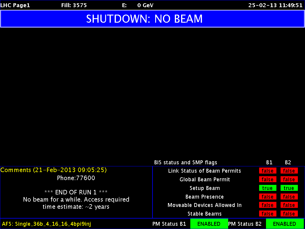 Une vue d'un des écrans de contrôle du LHC montrant l'état de la circulation des faisceaux de particules. Le LHC est à l'arrêt pour au moins deux ans. © Cern