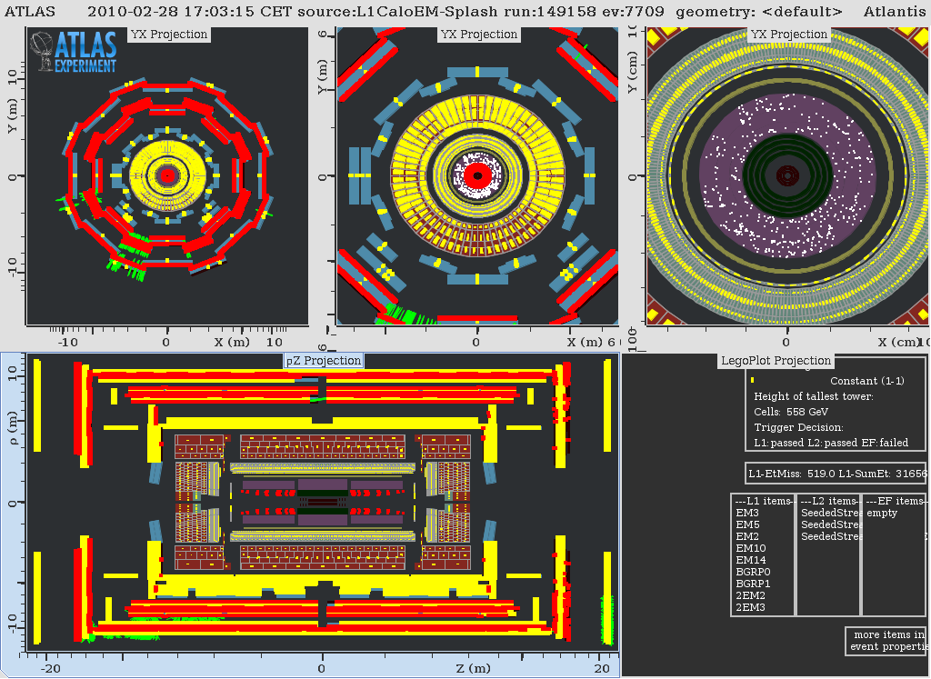 Quelques collisions se sont à nouveau produites dans le détecteur Atlas avec le retour des faisceaux de protons dans le LHC, le 28 février 2010. Crédit : Cern