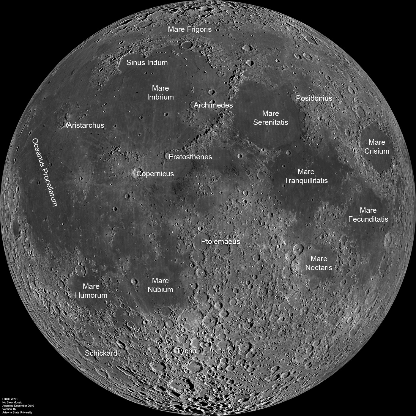 Mosaïque complète de la face visible de la Lune avec annotations. © Nasa/GSFC/Arizona State University
