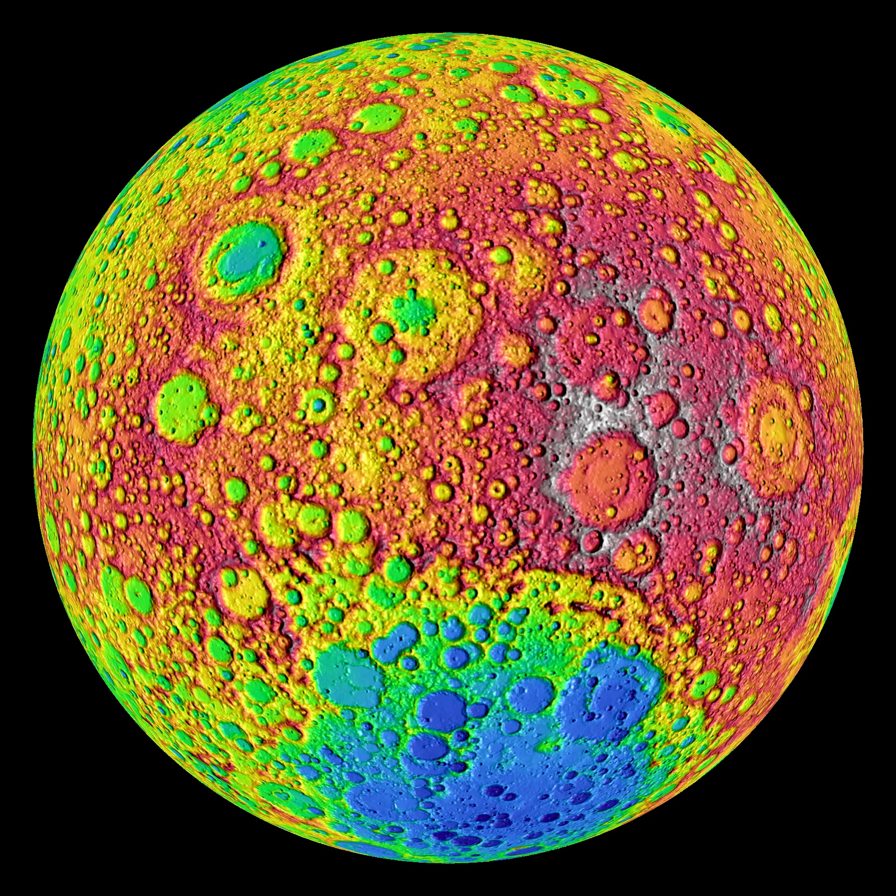 Une carte de la Lune donnant l'altimétrie en fonction de la couleur, d'après les mesures de LRO. Le bassin pôle sud-Aitken est en bleu et les hauts plateaux en rouge. © Nasa/Goddard   