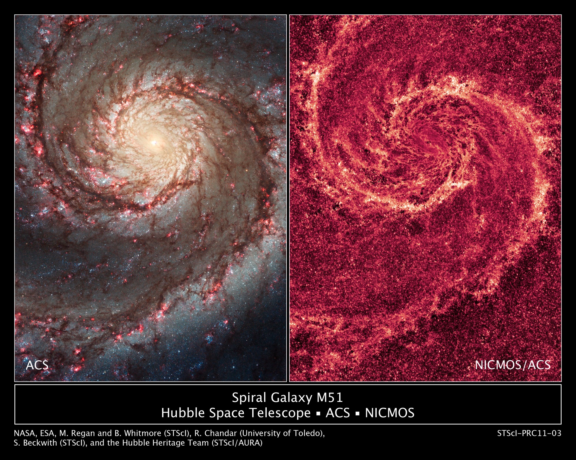 Dans le visible (à gauche) ou en infrarouge (à droite), la galaxie du Tourbillon nous montre ses deux visages. © Nasa/Esa/Hubble Heritage Team