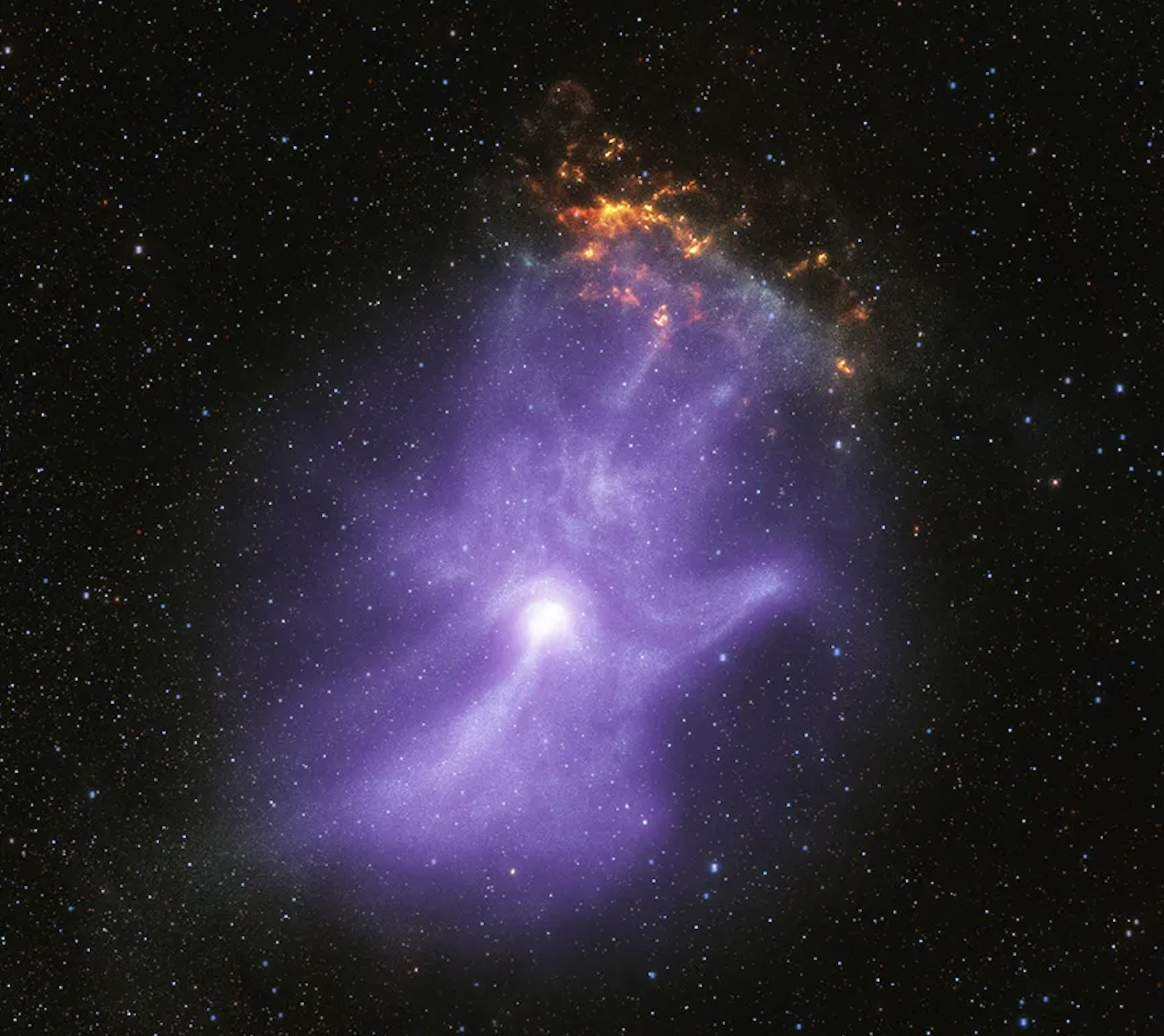 Comme la radio d’une main humaine, cette image aux rayons X d’une immense main cosmique révèle ses os magnétiques. © Rayons X : Nasa, CXC, Université de Stanford, R. Romani et coll. (Chandra) ; Nasa, MSFC (IXPE) ; Infrarouge : Nasa, JPL-Caltech, DECaPS ; Traitement d’images : Nasa, CXC, SAO, J. Schmidt