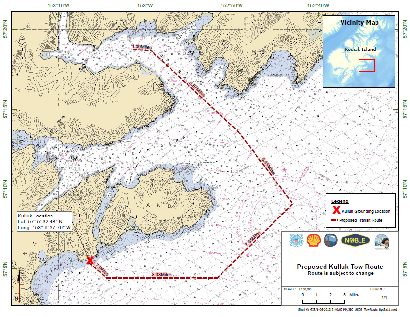Le plan de remorquage de la plateforme Kulluk. Échouée sur l'île Sitkalidak (Kulluk Grounding Location sur la carte), la plateforme a été remorquée par le navire Aiviq jusqu'à la baie de Kiliuda, en Alaska. © US Coast Guard
