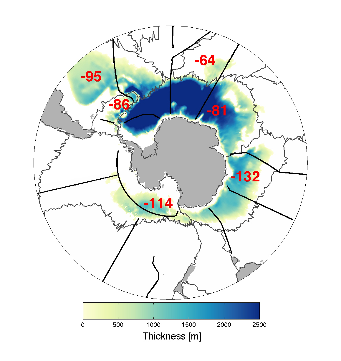 Cartographie de l'épaisseur de la couche d'eau présentant une température de moins de 0 °C dans le fond des océans autour de l'Antarctique (l'eau salée gèle à environ -2 °C). Les chiffres rouges indiquent le nombre de mètres perdus tous les dix ans pour chaque bassin. Ceux-ci sont séparés par les lignes noires. © NOAA 