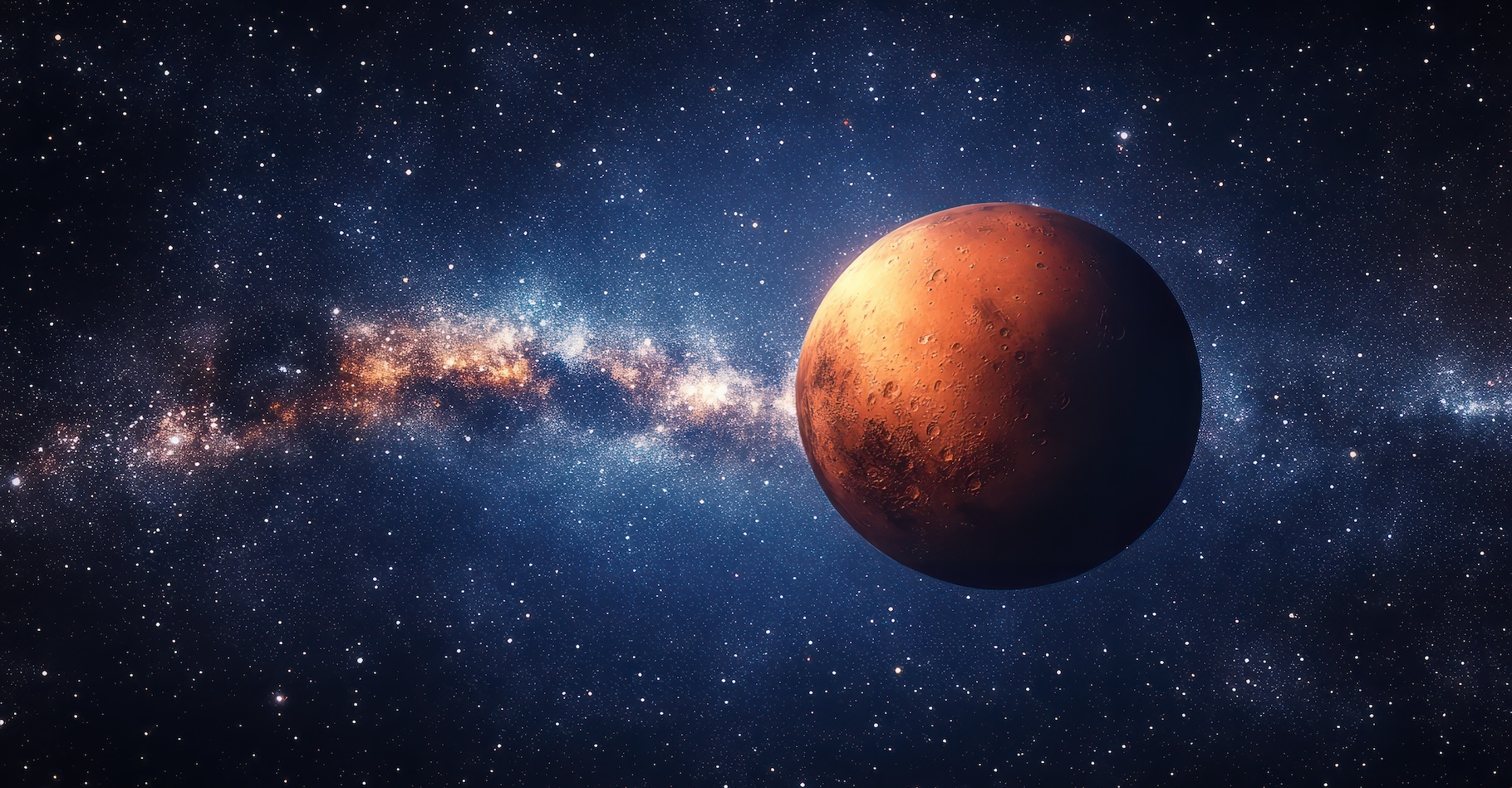 Mars est en opposition à moins de 100 millions de kilomètres de notre Terre. Elle apparaît ainsi plus brillante et plus grande que d’habitude dans notre ciel. © Johannes, Adobe Stock