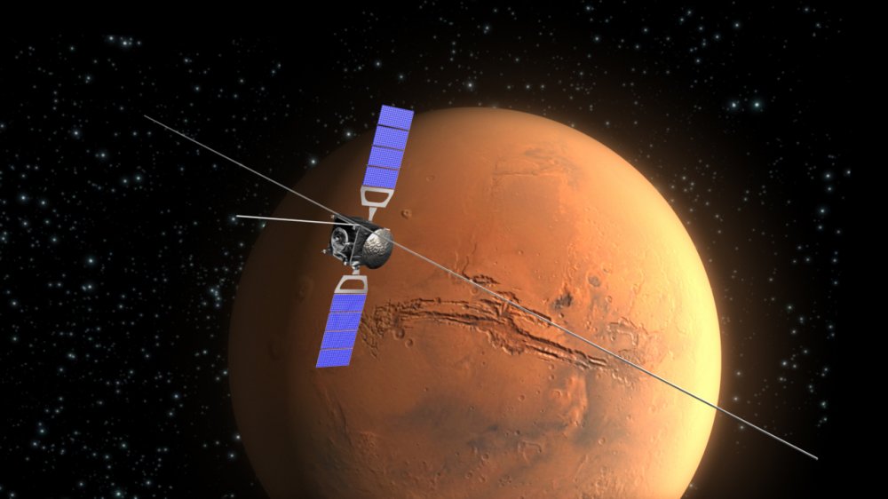 La sonde Mars Express (Esa) s'est placée en orbite martienne le 25 décembre 2003, juste après avoir largué l'atterrisseur Beagle 2 (qui s'est écrasé). Après de nombreuses difficultés, le long bras portant le radar Marsis a pu être déployé en 2005 et, depuis, sonde le sous-sol martien en mesurant l'écho de ses puissants flashs radar. L'appareil a également étudié le satellite Phobos. © Esa/C. Carreau