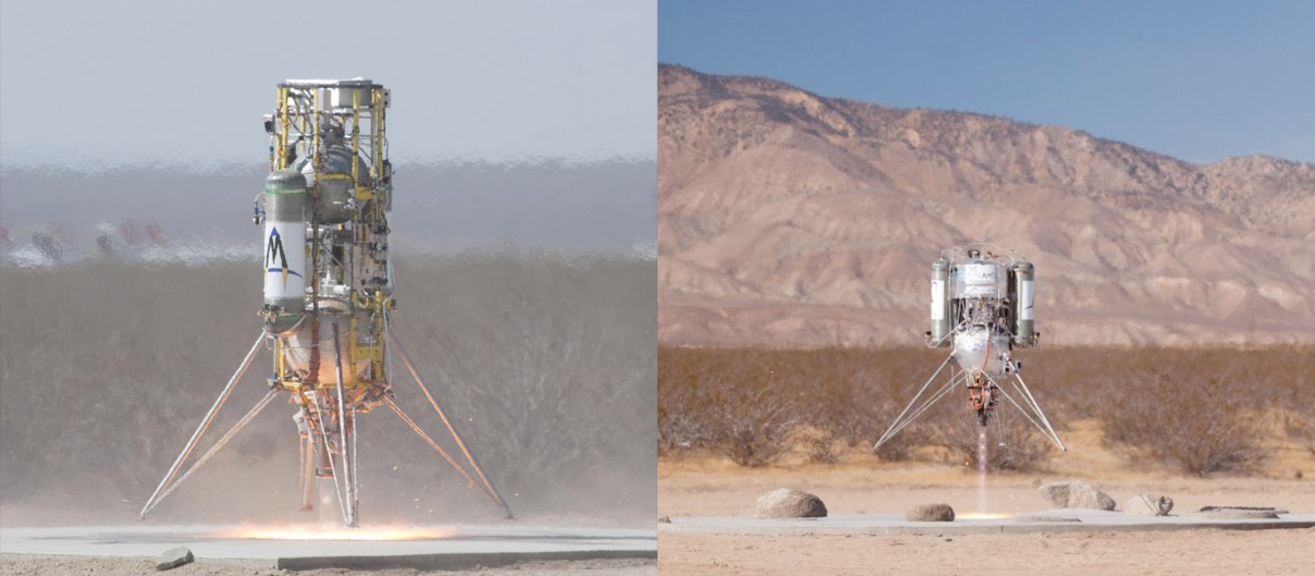 Les deux engins de Masten Space Systems qui ont concouru avec succès dans le Northrop Grumman Lunar Lander Challenge. Celui de droite, XA-0.1-B (Xombie), a remporté la deuxième place du niveau 1. L'XA-0.1-E (Xoie) a remporté le prix le plus prestigieux en finissant premier du niveau 2. À la clé une capacité démontrée d'atteindre 50 mètres, de se déplacer latéralement sur 100 mètres et se poser sur une surface reproduisant la surface de la Lune, avec ses cratères. © Tony Landis/Nasa Dryden
