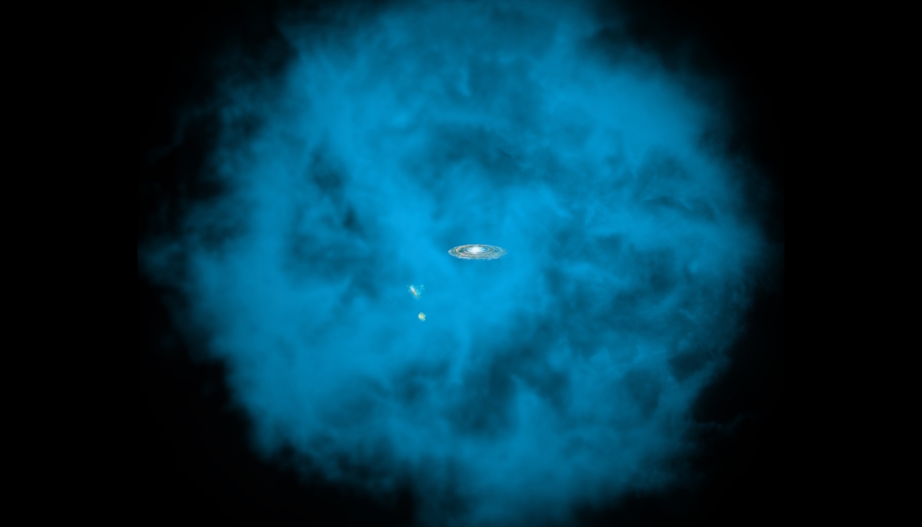 Un halo d’hydrogène entoure notre Voie lactée – ici en vue d’artiste – et les autres galaxies de notre Univers. Des chercheurs de l’université de Californie à Berkeley (UC Berkeley, États-Unis) montrent aujourd’hui qu’il est suffisamment étendu pour résoudre à lui seul le problème de la masse baryonique manquante de l’Univers © Nasa, CXC, M.Weiss ; Nasa, CXC, Ohio State, A Gupta et al.