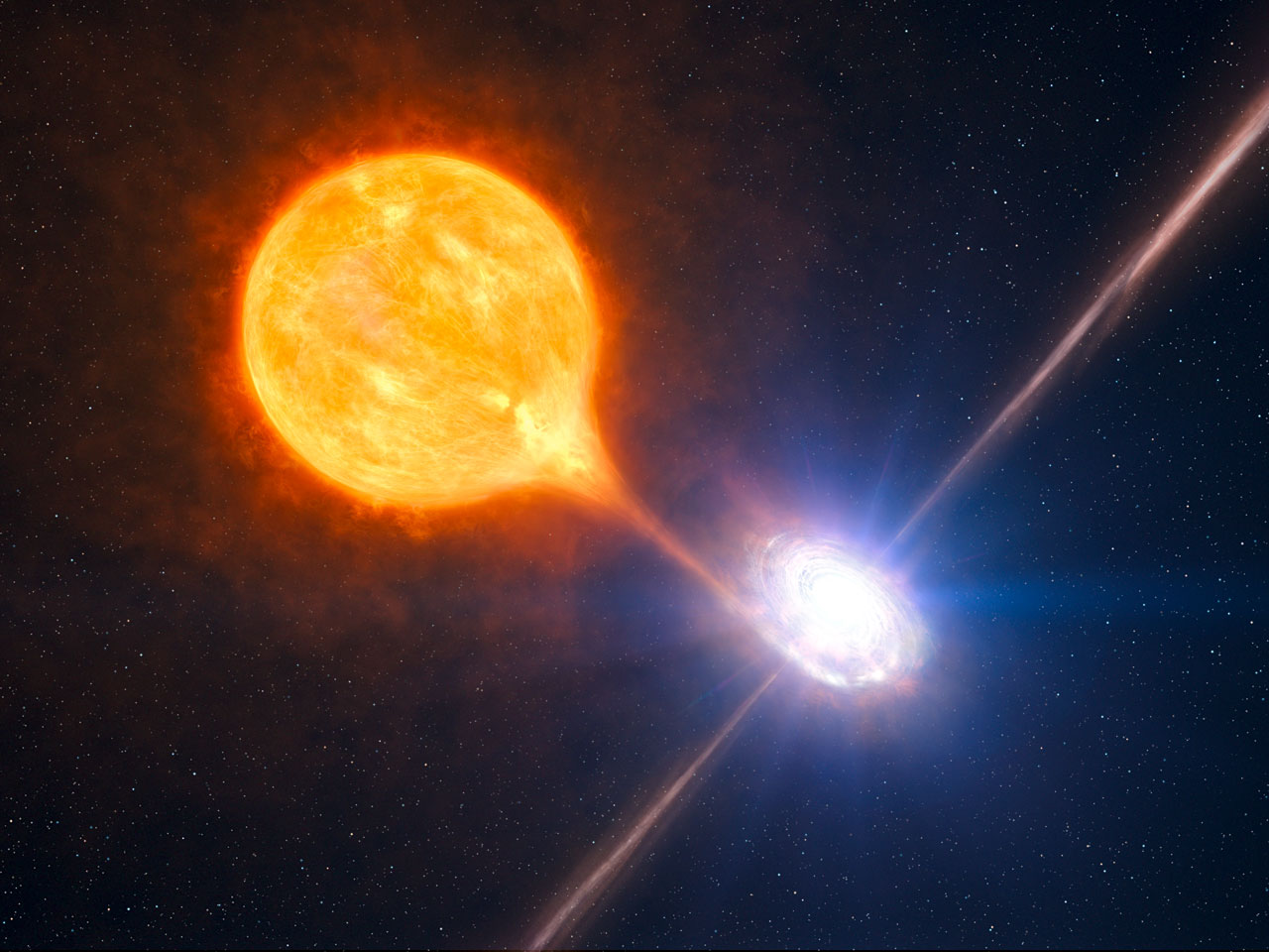 Vue d'artiste du trou noir émettant de puissants jets de particules. La matière arrachée par effet de marée à l'étoile compagnon (en jaune) fournit l'énergie nécessaire à l'accélération des jets en formant un disque d'accrétion et en tombant dans le trou noir. © ESO/L. Calçada