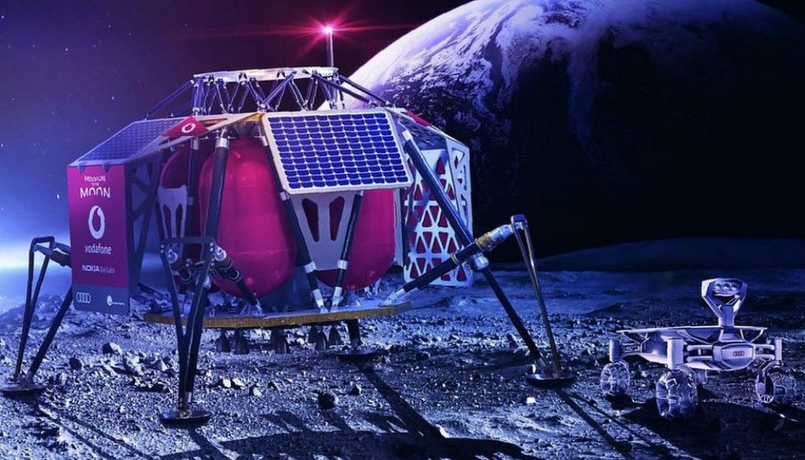 Le module lunaire Alina intègrera la station de base qui établira une connexion cellulaire 4G avec les deux rovers Audi qui iront explorer la Lune et renverront des images en haute définition. © Vodafone