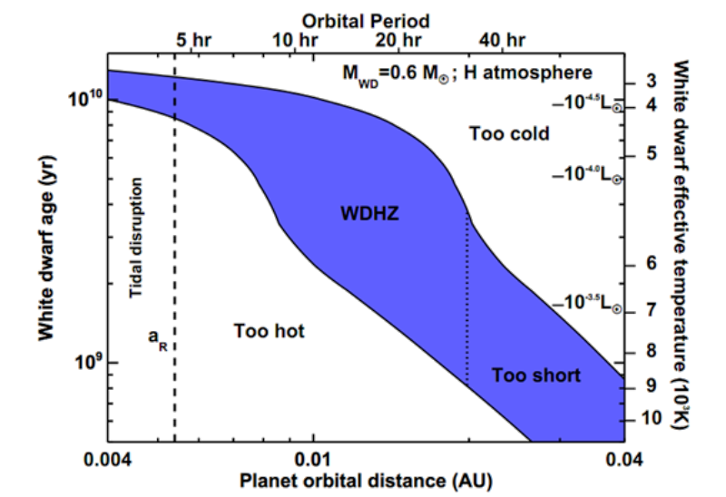 Le diagramme de la zone d'habitabilité en bleu pour une naine blanche. Horizontalement, la distance en unités astronomique UA et la période orbitale d'un exoplanète en heure. La ligne en tirets à gauche indique la limite de Roche. Plus à gauche, la planète est détruite par les forces de marée. L'autre ligne à droite indique que la planète ne restera pas suffisamment longtemps habitable (