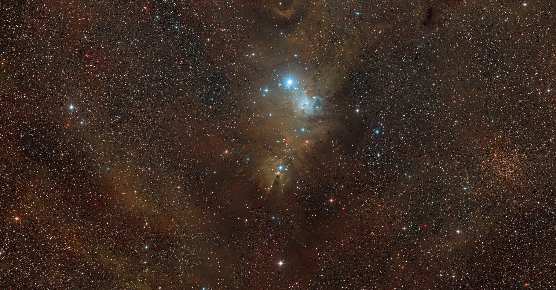 Pour fêter ses 60 ans, l’European Southern Observatory (ESO) dévoile une magnifique image de la nébuleuse du Cône que l’on devine au centre de cette photo grand champ. © ESO, Digitized Sky Survey 2, D. De Martin