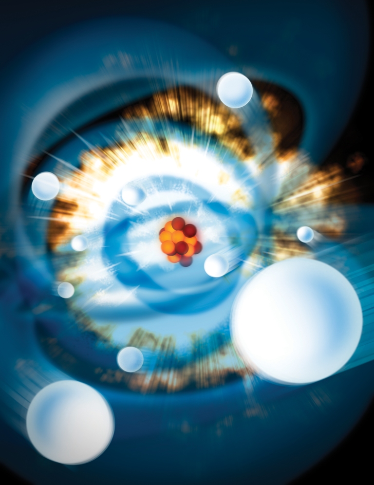 Une vue d'artiste d'un atome de néon et de son cortège d'électrons arrachés par des impulsions laser X ultra-brèves. Crédit : Gregory Stewart, SLAC