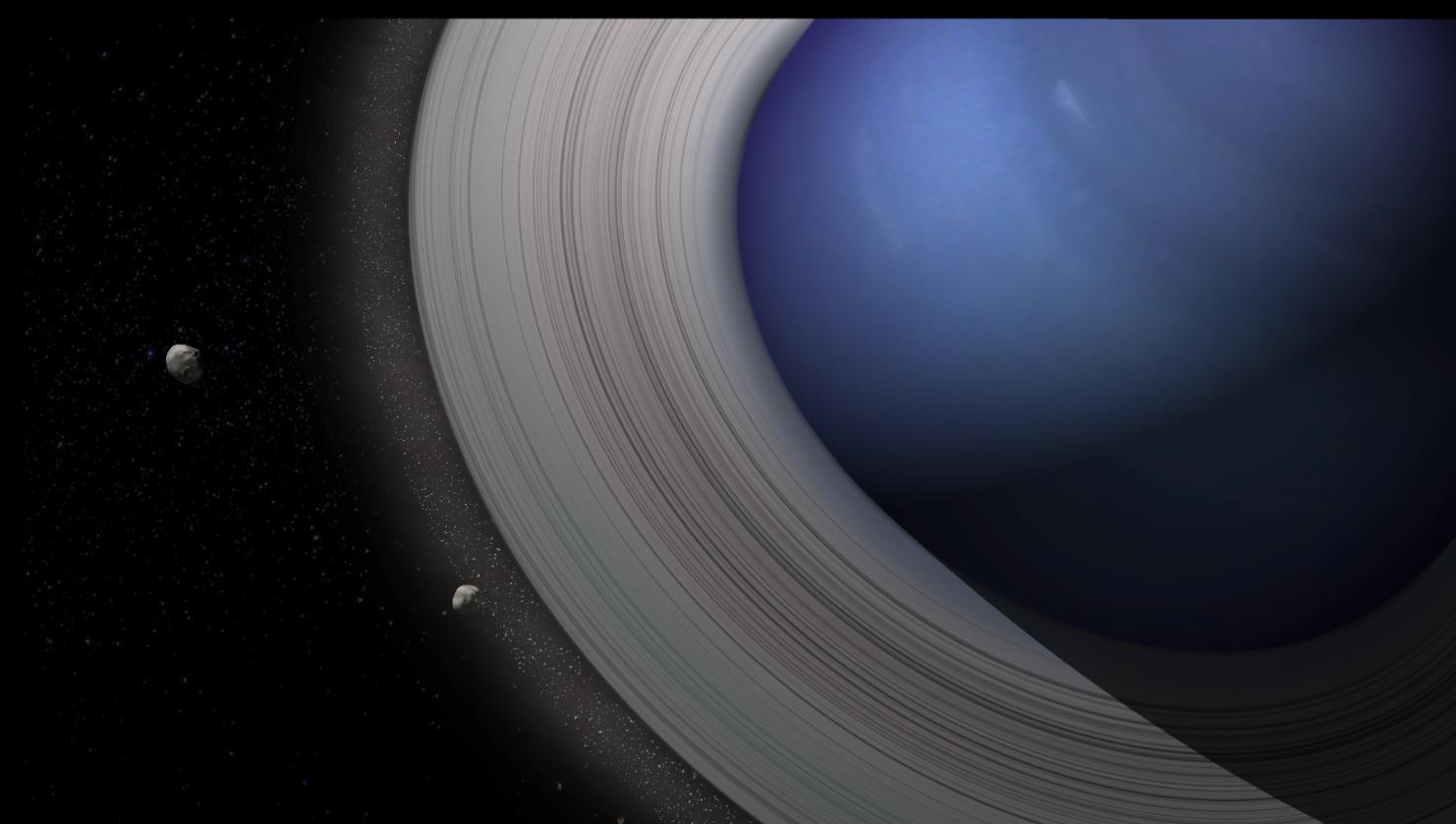 Image d'artiste de la planète Neptune entourée d'anneaux denses&nbsp;à partir desquels se sont formés 2 satellites. Même s'ils ne sont plus très&nbsp;visibles aujourd'hui, Neptune possède encore des anneaux.&nbsp;© SAp,&nbsp;Animea