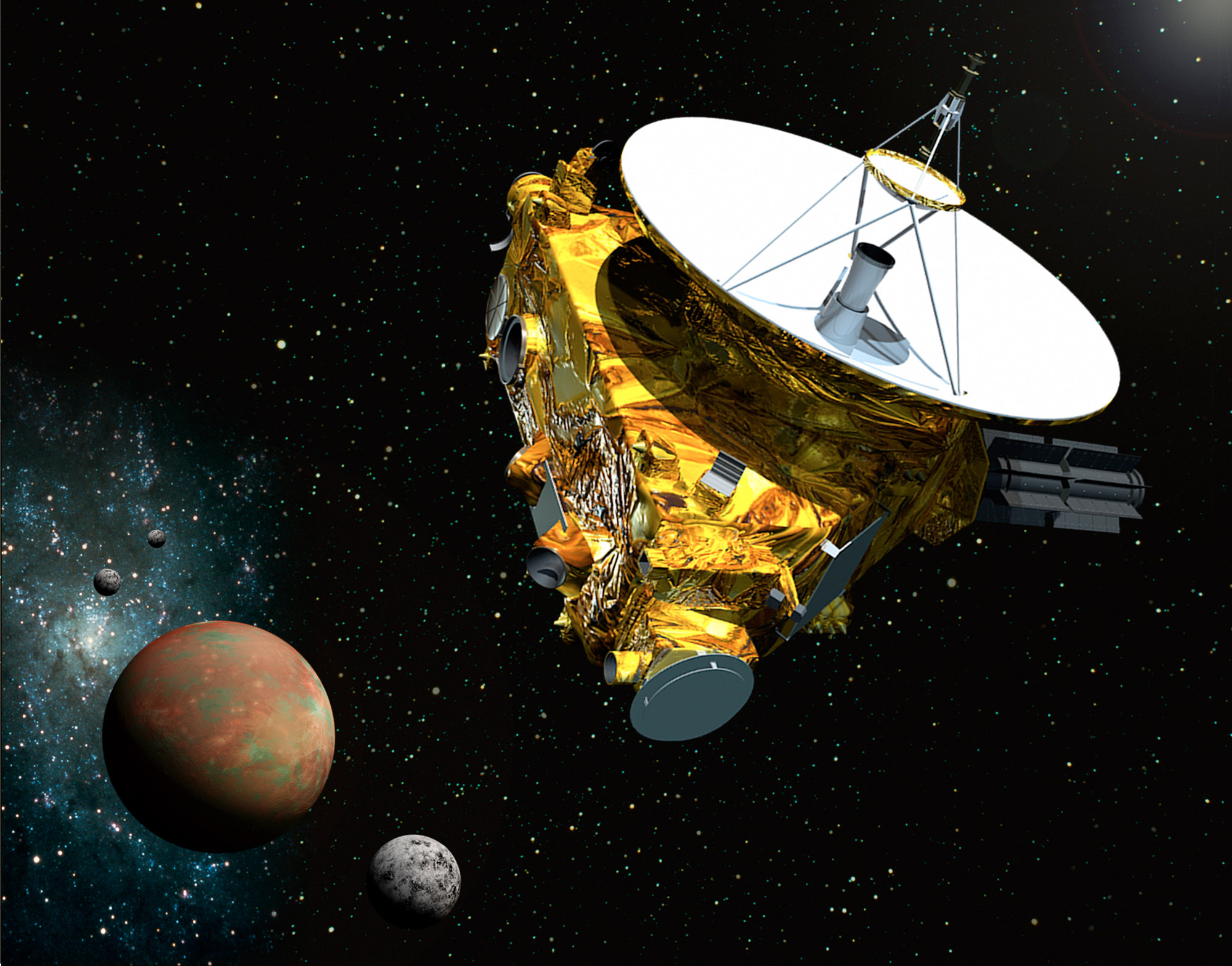 Lancée en janvier 2006, la sonde New Horizons sera le premier engin à rejoindre Pluton en juillet 2015. Elle a effectué un détour par Jupiter pour augmenter sa vitesse. © (JHUAPL, SwRI)