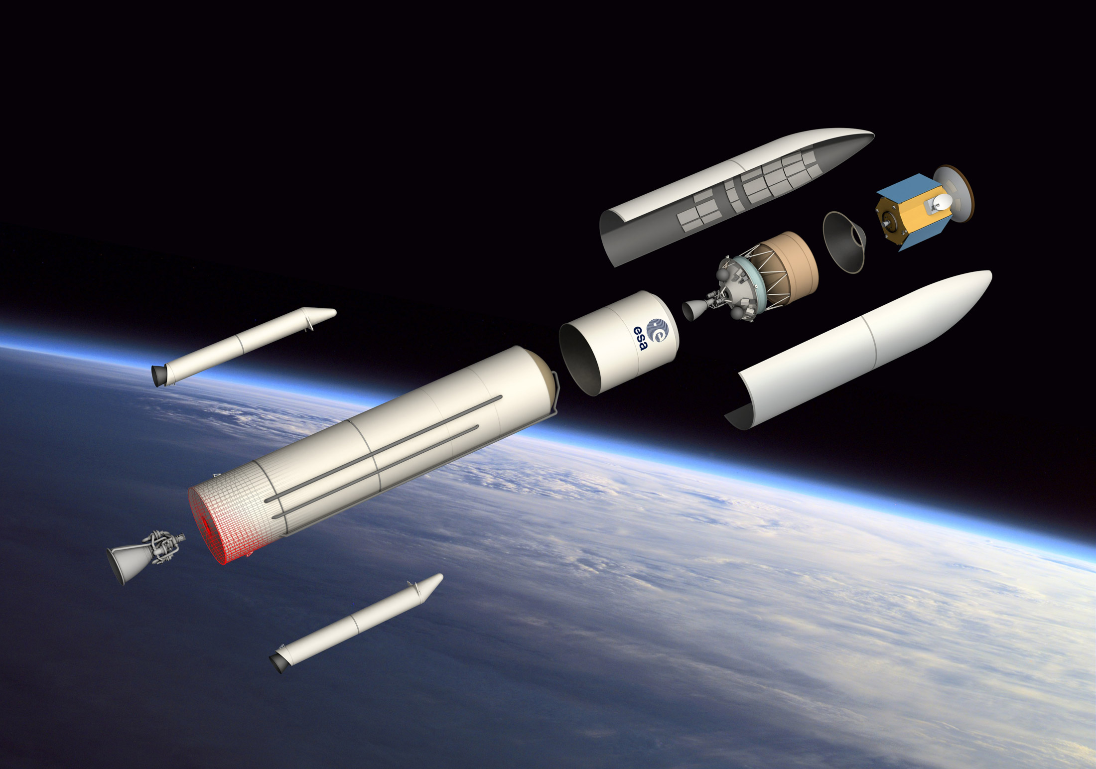 Avec Ariane 6, l'Esa abandonne le lancement double et revient au concept modulaire d’Ariane 4. Ce futur lanceur en ligne sera capable de mettre en orbite en lancement simple de 3 à 6,5 tonnes, ce qui représente l'essentiel des missions dites institutionnelles et commerciales que l'on peut prévoir à l'horizon 2020. © D. Ducros, Esa