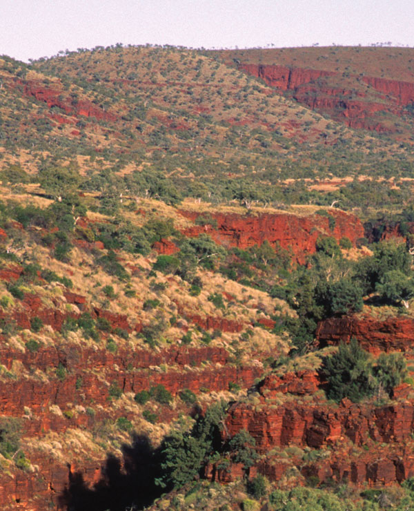Une vue des formations rubanées de Dales Gorge, au nord ouest de l'Australie, l'une des BIF échantillonnée par Konhauser et ses collègues. Crédit Nature