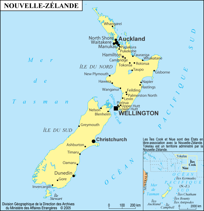 La Nouvelle-Zélande, avec Invercargill, à l'extrémité sud. L'épicentre sous-marin est situé à 160 km à l'ouest de cette ville (vers la gauche sur la carte). Crédit : Maison des Français de l'étranger