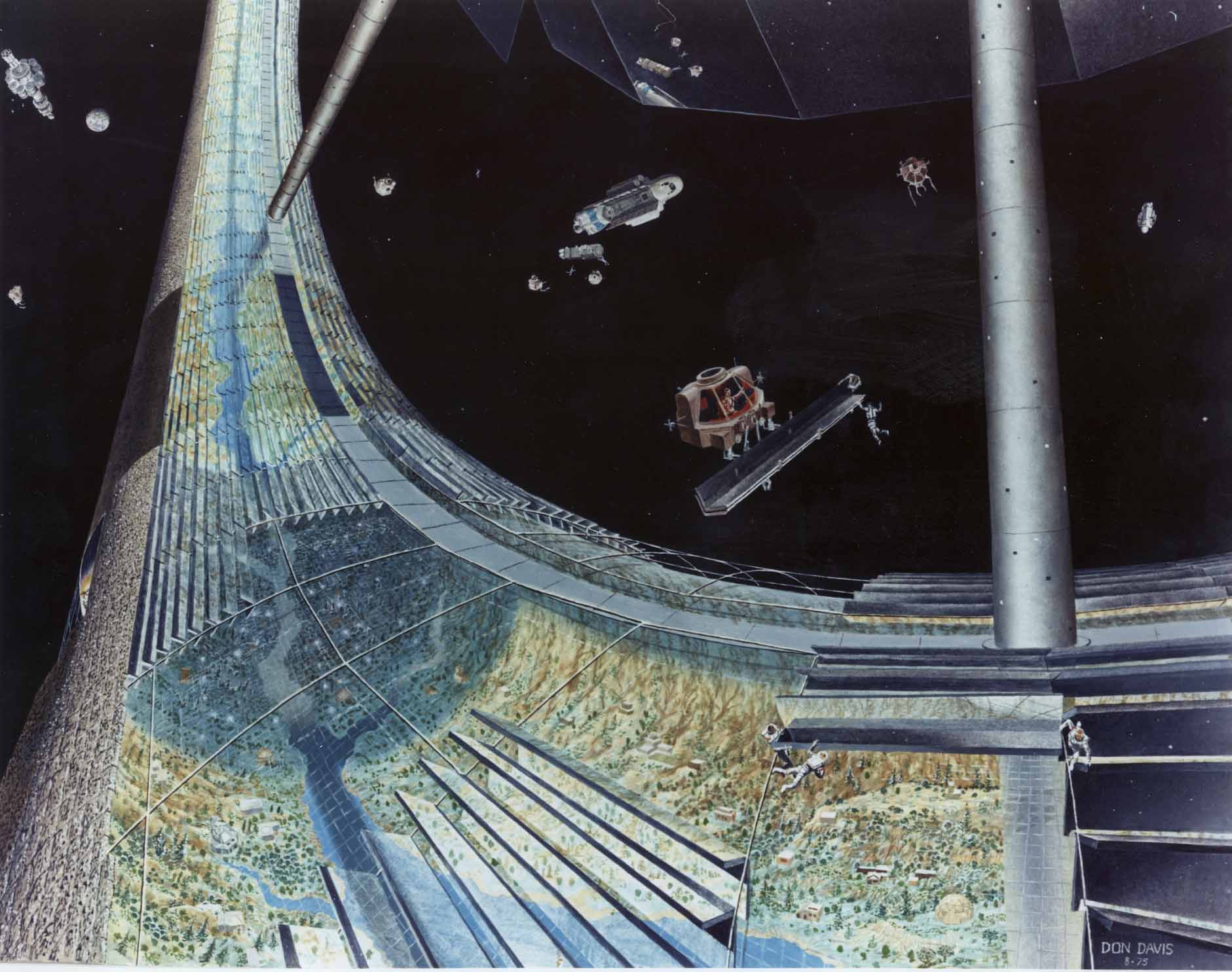 Un exemple des projets de colonie spatiale (ici le concept de planète creuse de Gerard O'Neill) étudiés au début des années 1970 pour permettre à l'humanité de repartir sur de nouvelles bases, débarrassées des archaïsmes du passé et préparer la colonisation des étoiles. Crédit : NASA Ames Research Center