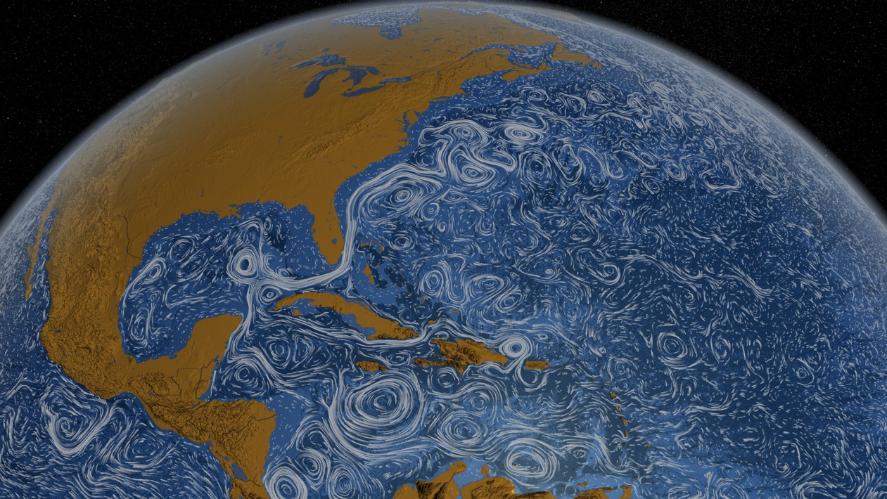 Coloré en blanc, le Gulf Stream révèle son tracé dans l'Atlantique nord. © Nasa/Goddard Space Flight Center  

