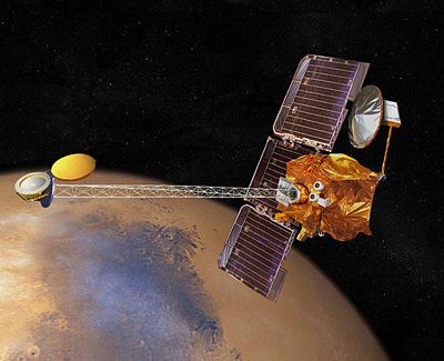 Mars Odyssey en orbite martienne (vue d'artiste). Crédit NASA.