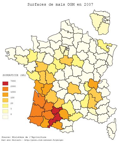 Répartition des cultures de maïs OGM en France. Source : Greenpeace.