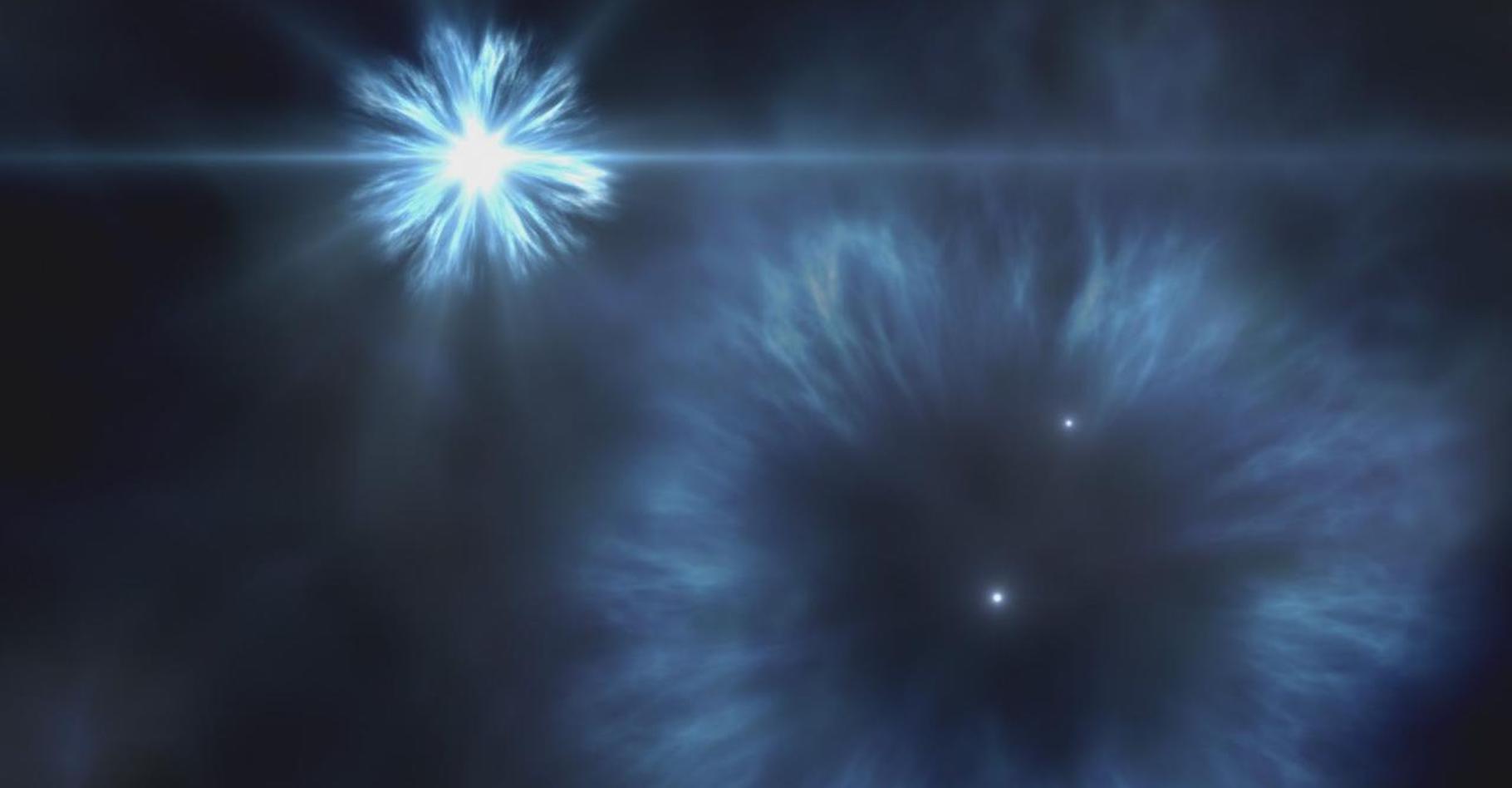 Une vue d’artiste des explosions des premières étoiles massives de la Voie lactée en supernovae. L’étoile J0815 + 4729, étudiée par les chercheurs de l’Institut d’astrophysique des Canaries (Espagne) s’est formée à partir des matériaux ainsi éjectés. Et son atmosphère apparait étonnamment riche en oxygène. © Gabriel Perez, SMM, Institut d’astrophysique des Canaries