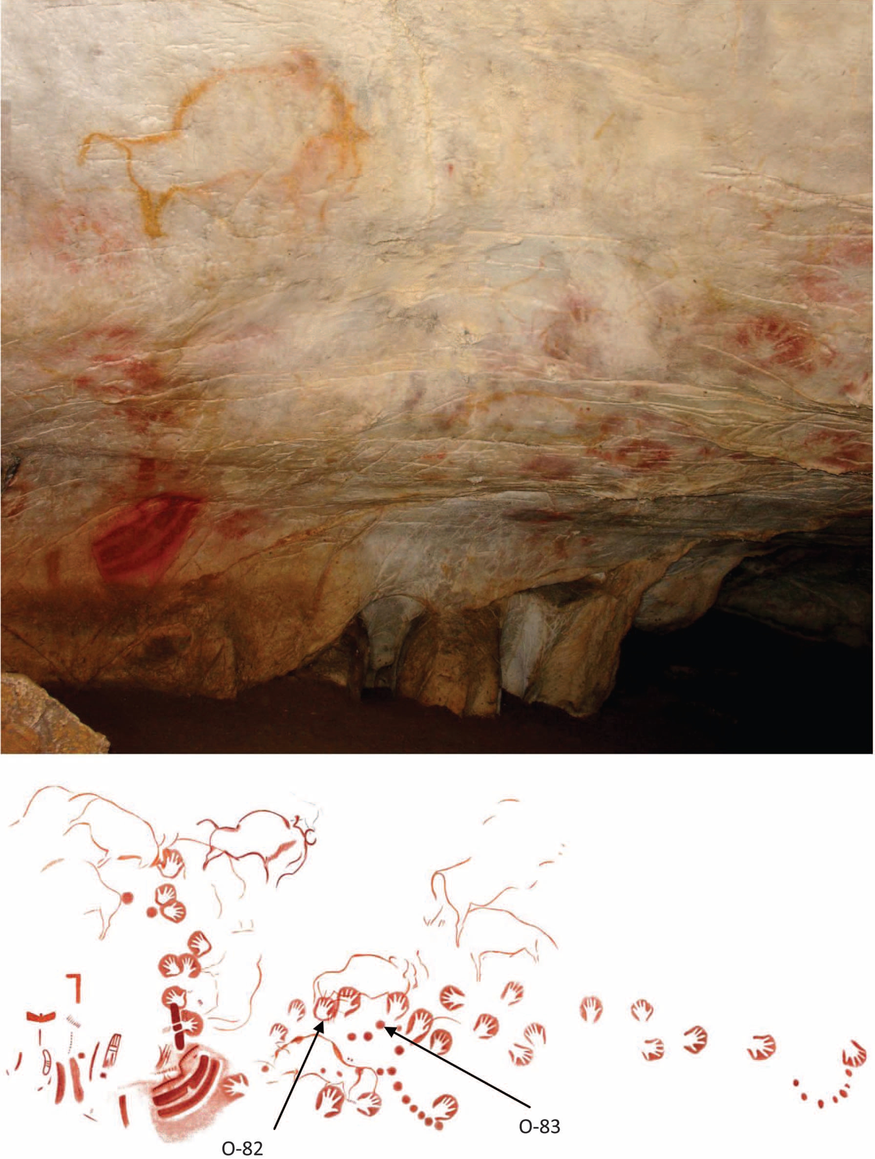 Les peintures rupestres O-83 seraient âgées d'au moins 40.800 ans. Elles ont été trouvées dans la grotte d'El Castillo (photographie du haut)&nbsp;dans le nord de l'Espagne. Elles ont été recouvertes par des empreintes de mains (O-82), visibles sur le schéma du bas, il y a au minimum 37.900 ans.&nbsp;© Pike et al. 2012, Science